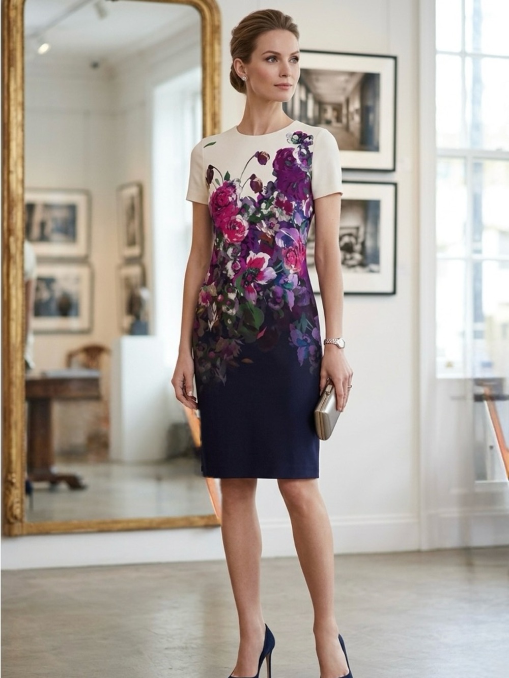 ST JOHN WOMEN FLORAL SILK NAVY WHITE MULTI SHEATH DRESS SIZE 0 Formal Cocktail